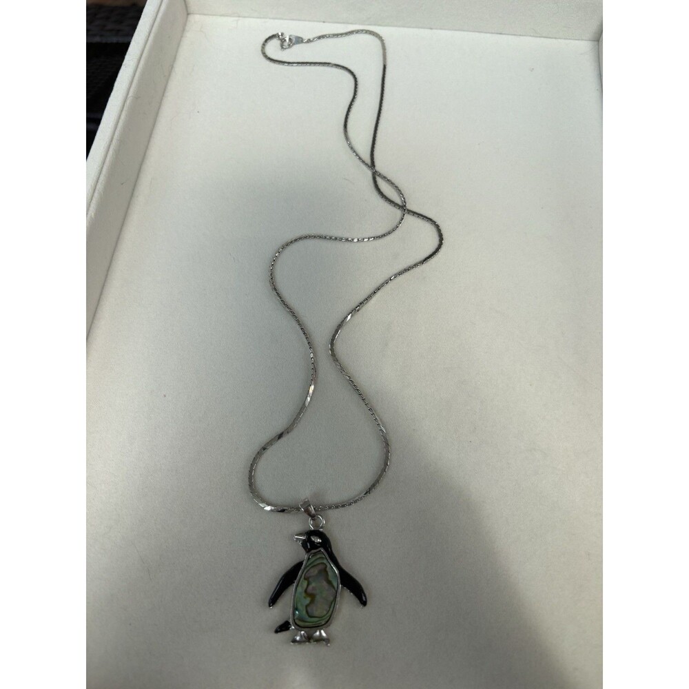 Silver Toned Penguin Pendant Necklace Abalone Shell Rhinestone Eye